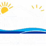 Logo for Skyview Roofing Experts featuring stylized mountains, sun, and waves—perfect as a WordPress Elementor header—with "SKYVIEW ROOFING EXPERTS #CCC1336563" in bold white letters.