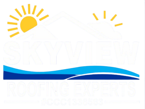 Logo for Skyview Roofing Experts featuring stylized mountains, sun, and waves—perfect as a WordPress Elementor header—with "SKYVIEW ROOFING EXPERTS #CCC1336563" in bold white letters.