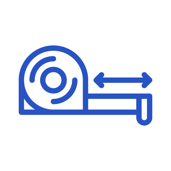 Blue icon of a tape measure extended with a double-headed arrow indicating measurement.