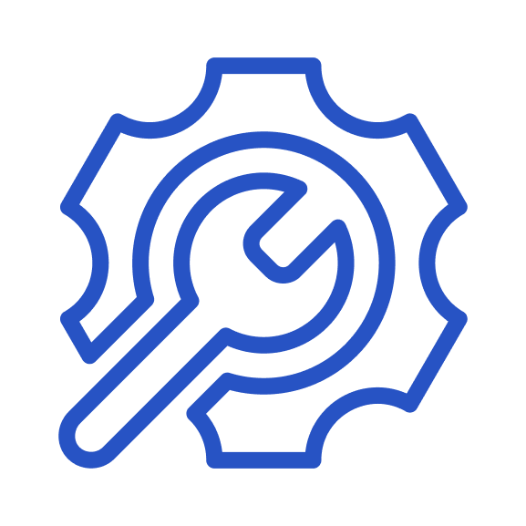 Blue outline icon of a wrench inside a gear, symbolizing tools, settings, or technical support.
