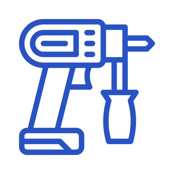 Blue outline icon of a power drill with a screwdriver bit attached, shown in a simple, minimalist style.